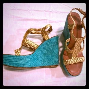 Kate Spade Gold & Teal Espadrilles Wedge Sandal 9